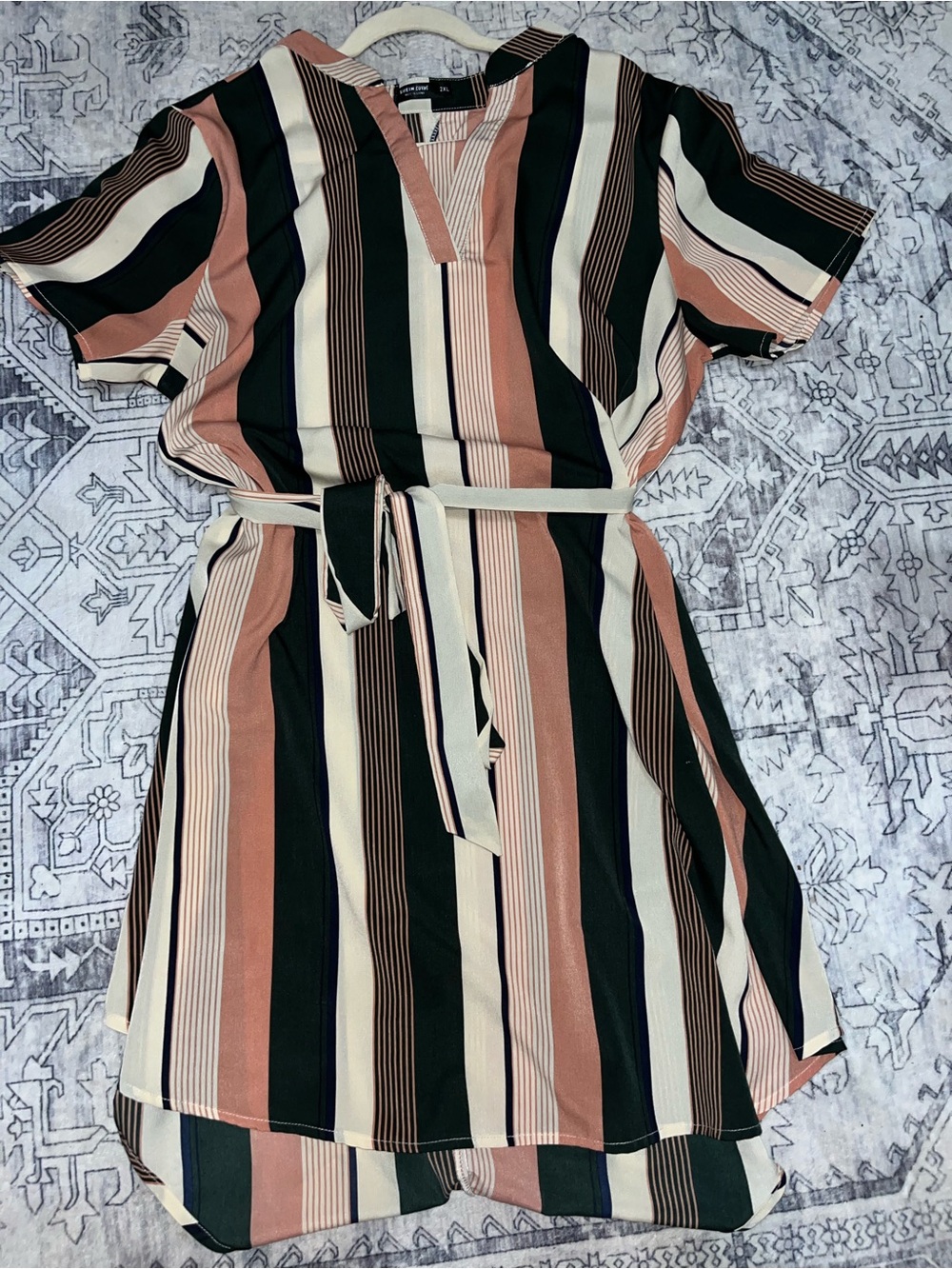 Striped V-Neck Belted Dress in Black, Cream & Rust